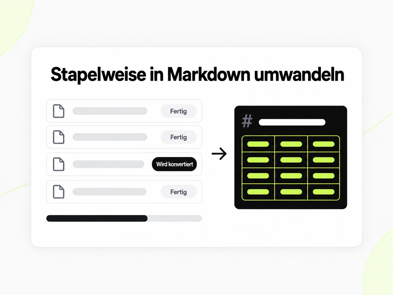 Stapelweise in Markdown umwandeln: Dateiliste mit Status Fertig und Läuft, Fortschrittsbalken und Markdown-Fenster