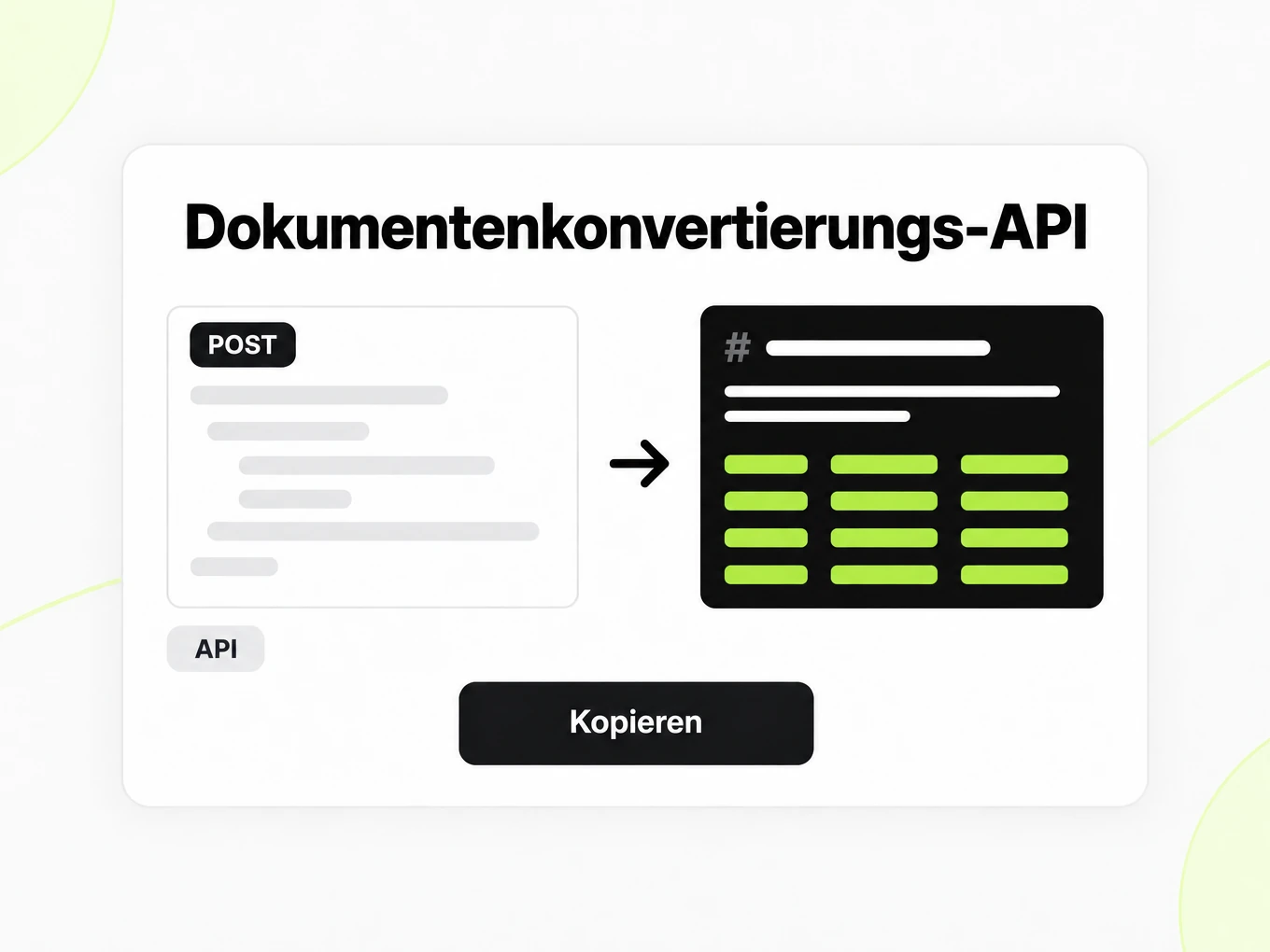 Dokumentenkonvertierungs-API: POST-Anfrage links, rechts die Markdown-Antwort