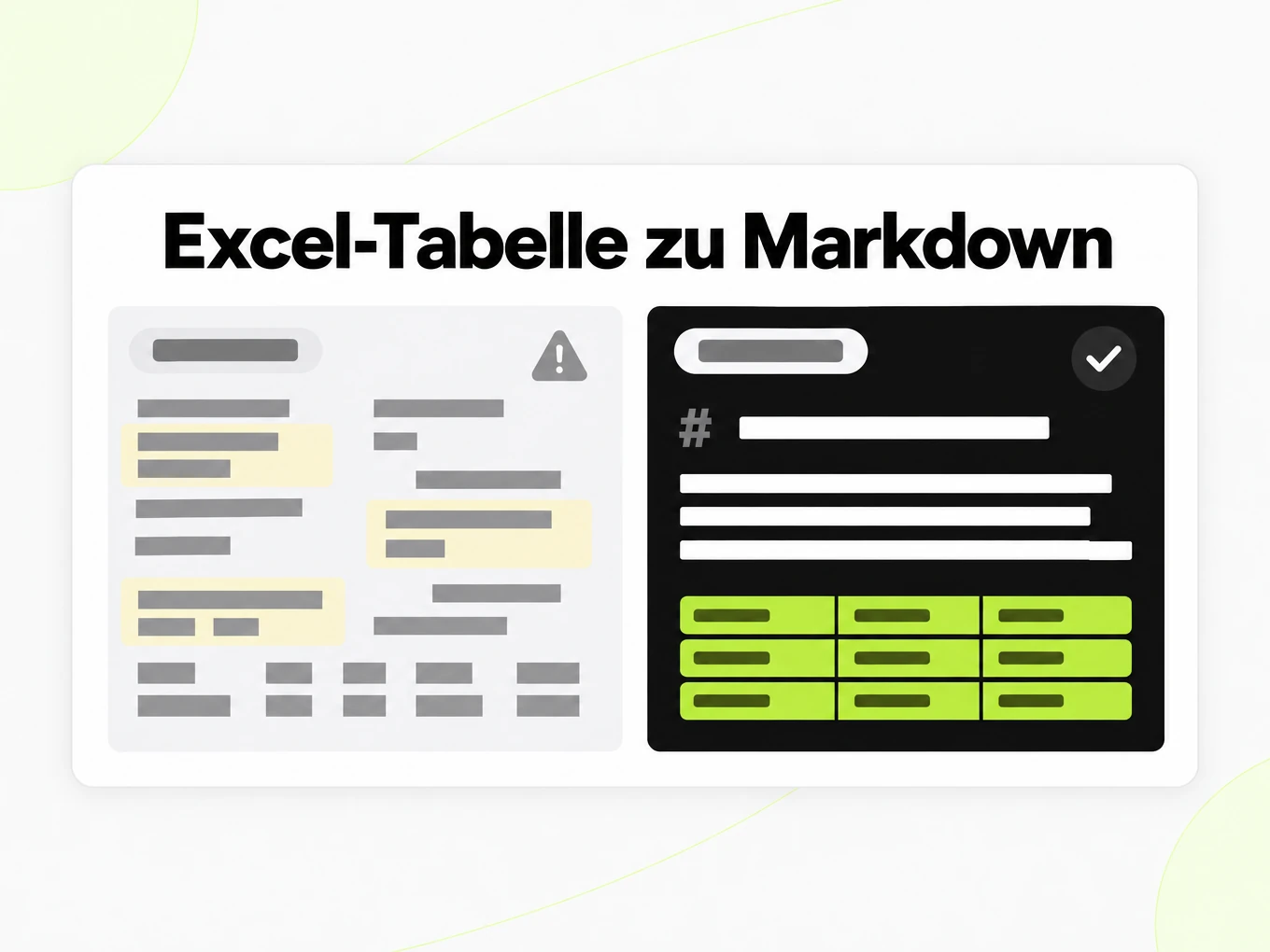Excel-Tabelle zu Markdown: zusammengeklappte eingefügte Tabelle neben sauberen Markdown-Zeilen
