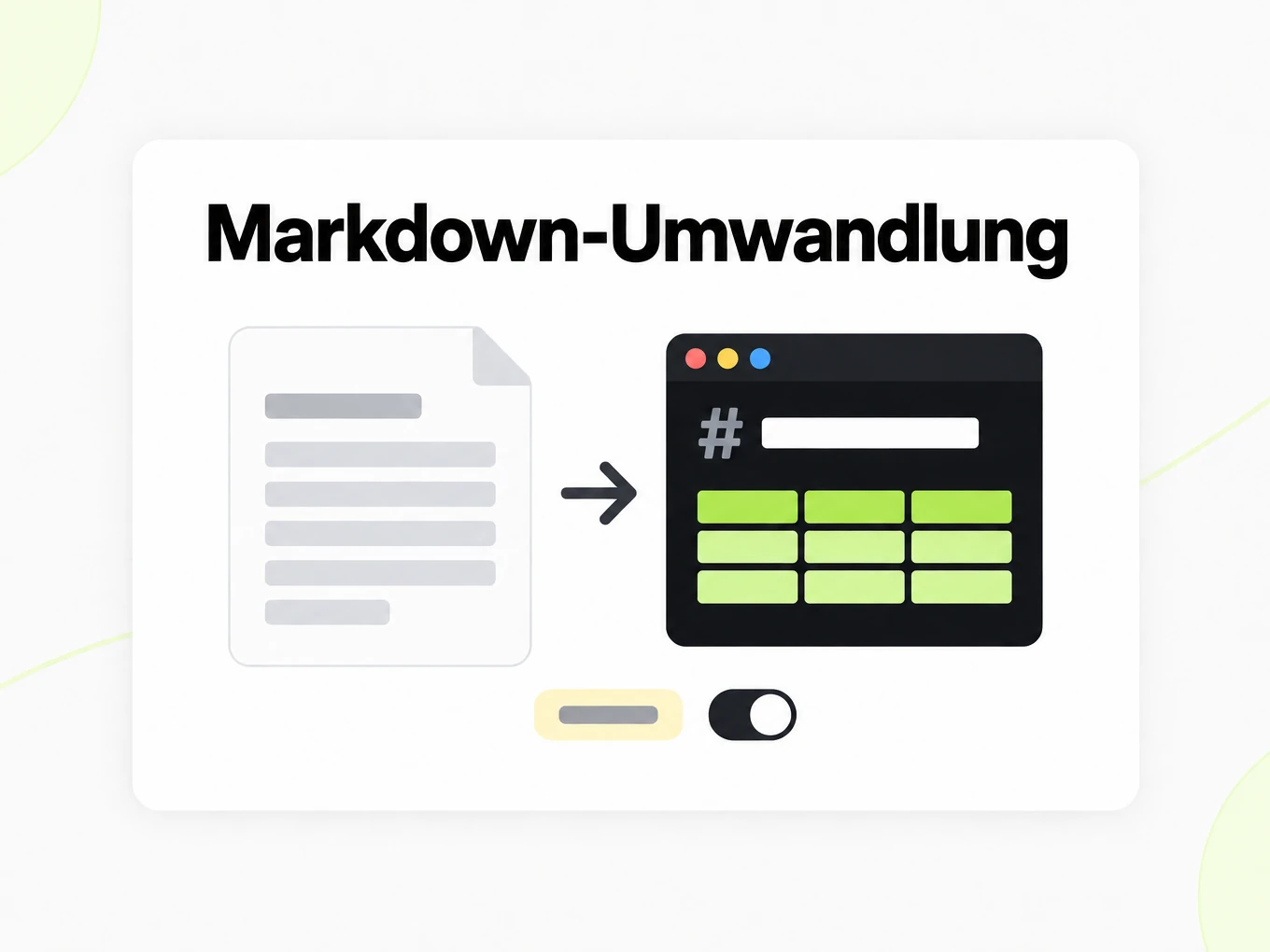 Markdown-Umwandlung: Dokument wird zum Markdown-Fenster, daneben eine Tag-Kachel und ein Schalter