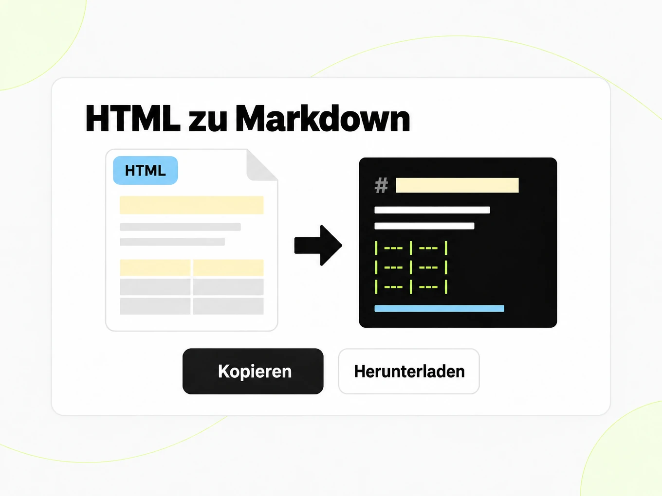 HTML zu Markdown: HTML-Seitenlayout wird links in ein Markdown-Fenster umgewandelt