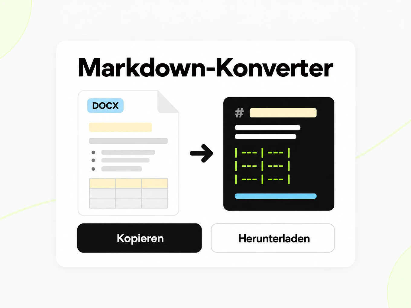 Markdown-Konverter: DOCX-Dokument wird in ein Markdown-Fenster mit Überschriften und Tabelle umgewandelt