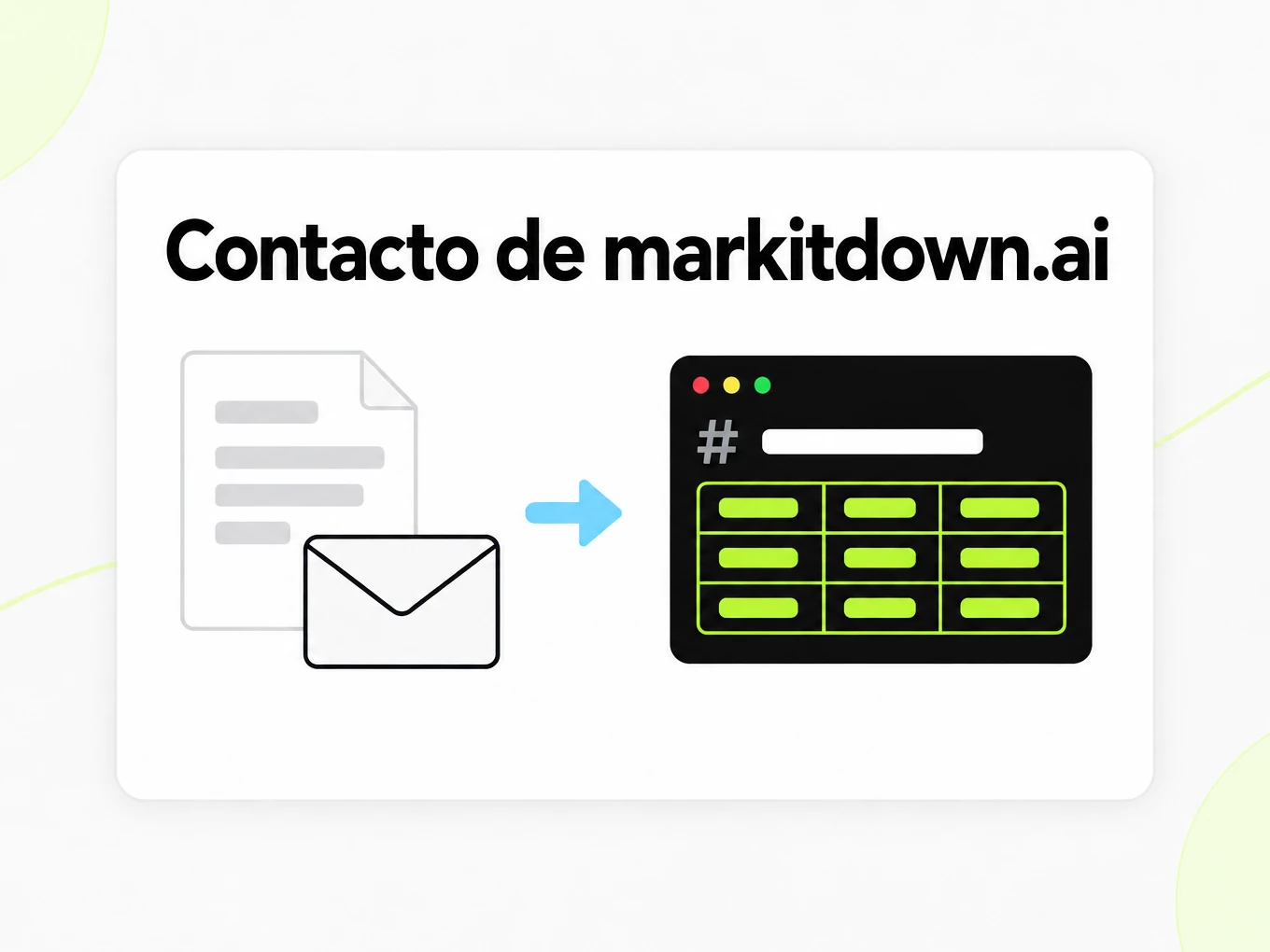 Contacto de markitdown.ai mostrando un documento y un sobre convertidos en Markdown