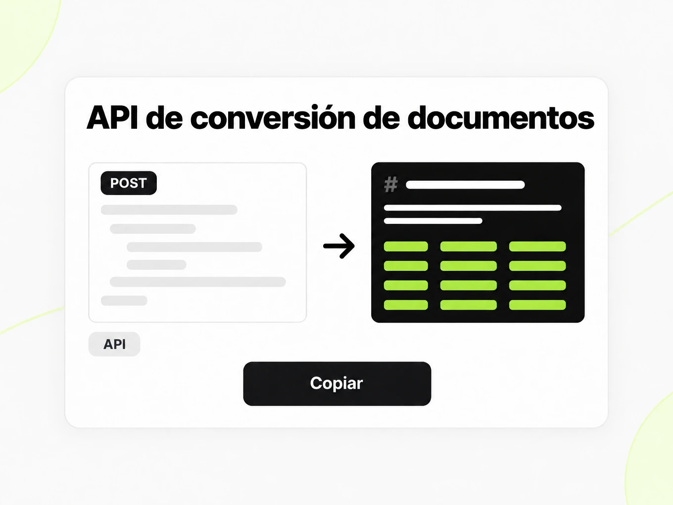 API de conversión de documentos mostrando una solicitud que devuelve Markdown
