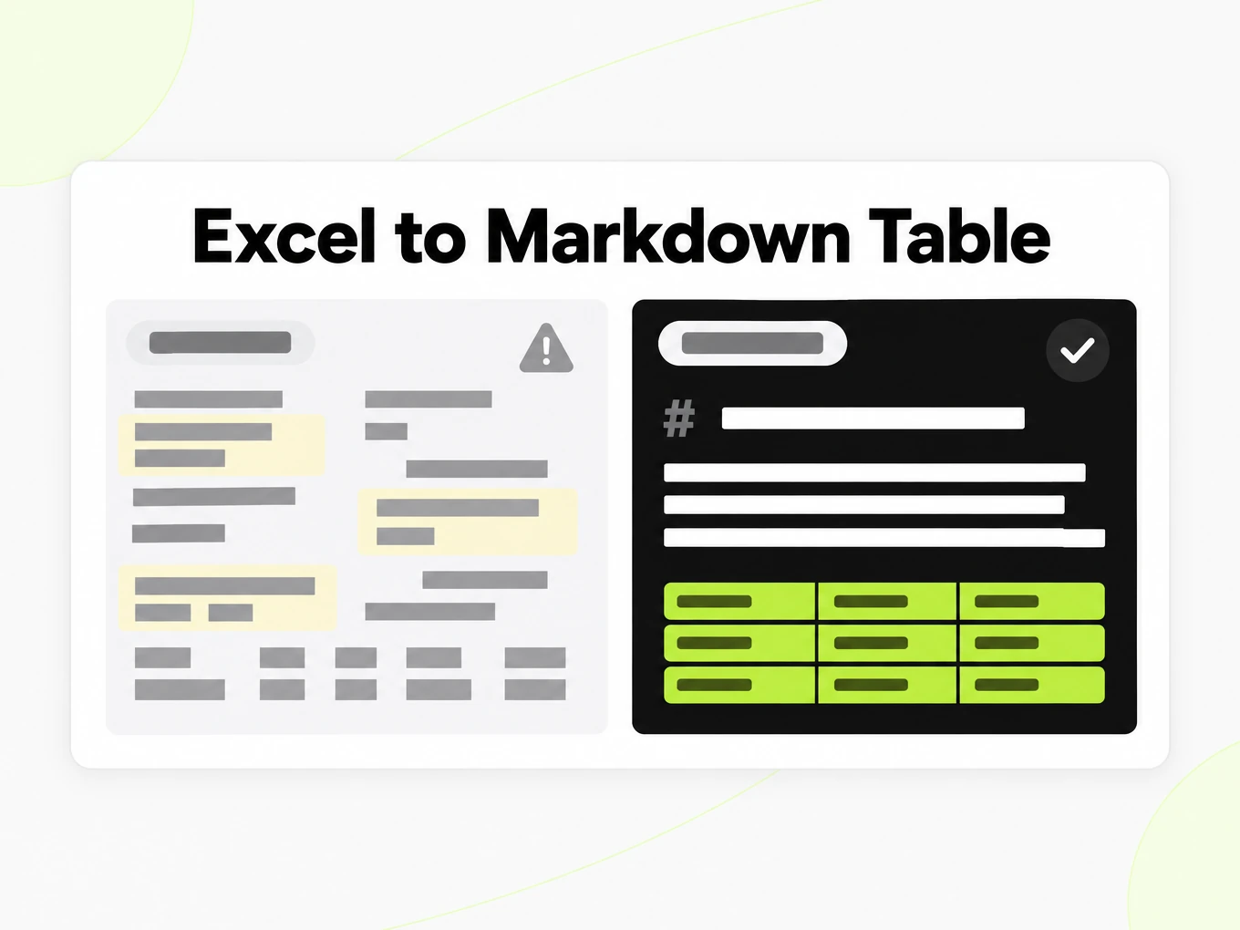 Excel to Markdown Table: a collapsed pasted table beside clean Markdown rows