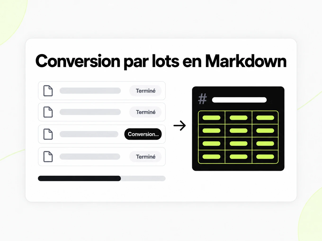 Conversion par lots en Markdown : quatre lignes de fichiers avec badges Terminé et Conversion, barre de progression