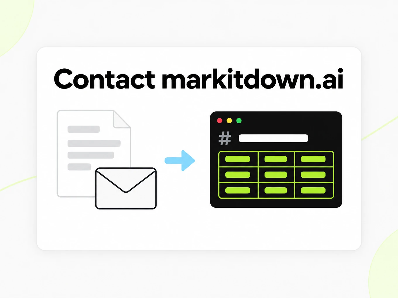 Contact markitdown.ai : document et enveloppe devenant une fenêtre Markdown