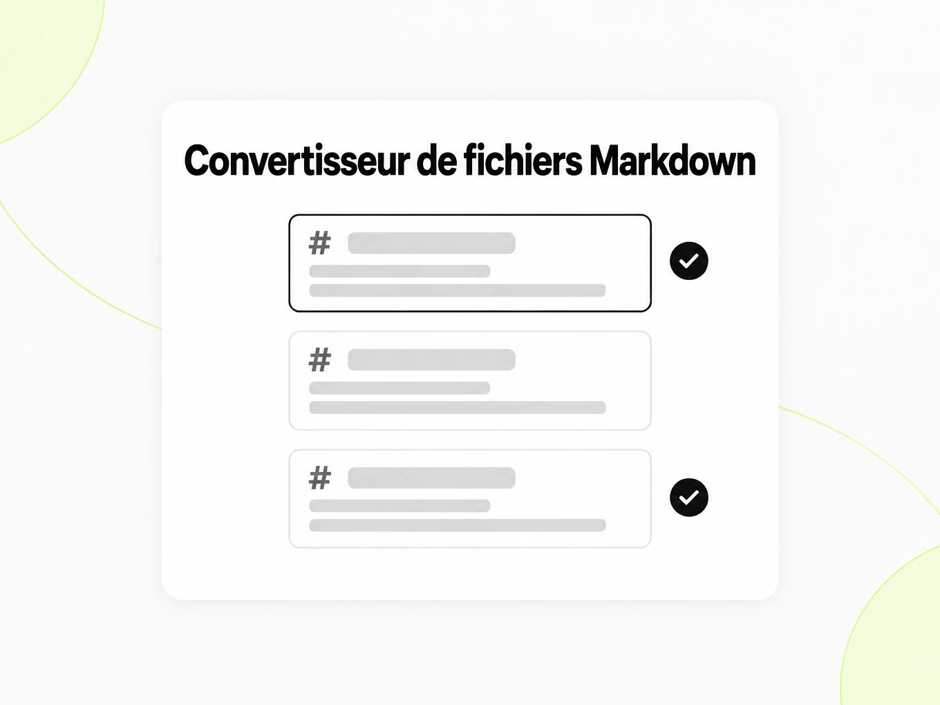 Convertisseur de fichiers Markdown : trois cartes de fichier Markdown empilées avec des coches de qualité