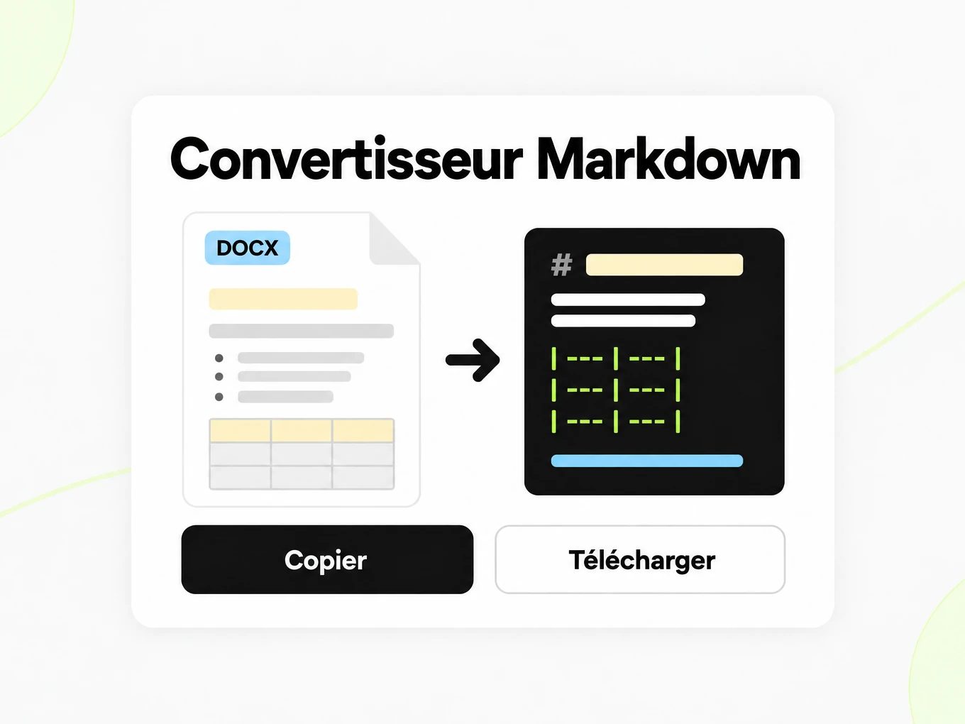 Convertisseur Markdown : page DOCX, flèche, fenêtre Markdown avec titres et tableau, boutons Copier et Télécharger