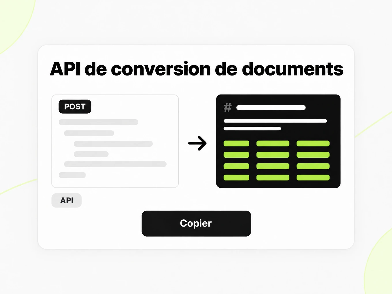 API de conversion de documents : fenêtre de requête avec badge POST à gauche, réponse Markdown à droite