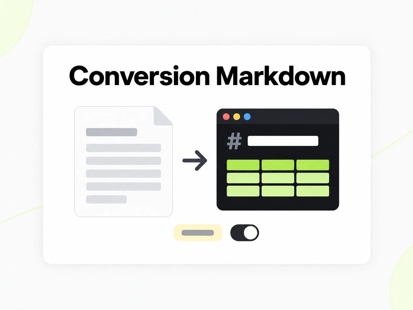 Conversion Markdown : une page de document devient une fenêtre Markdown, avec une tuile d'étiquette et un interrupteur