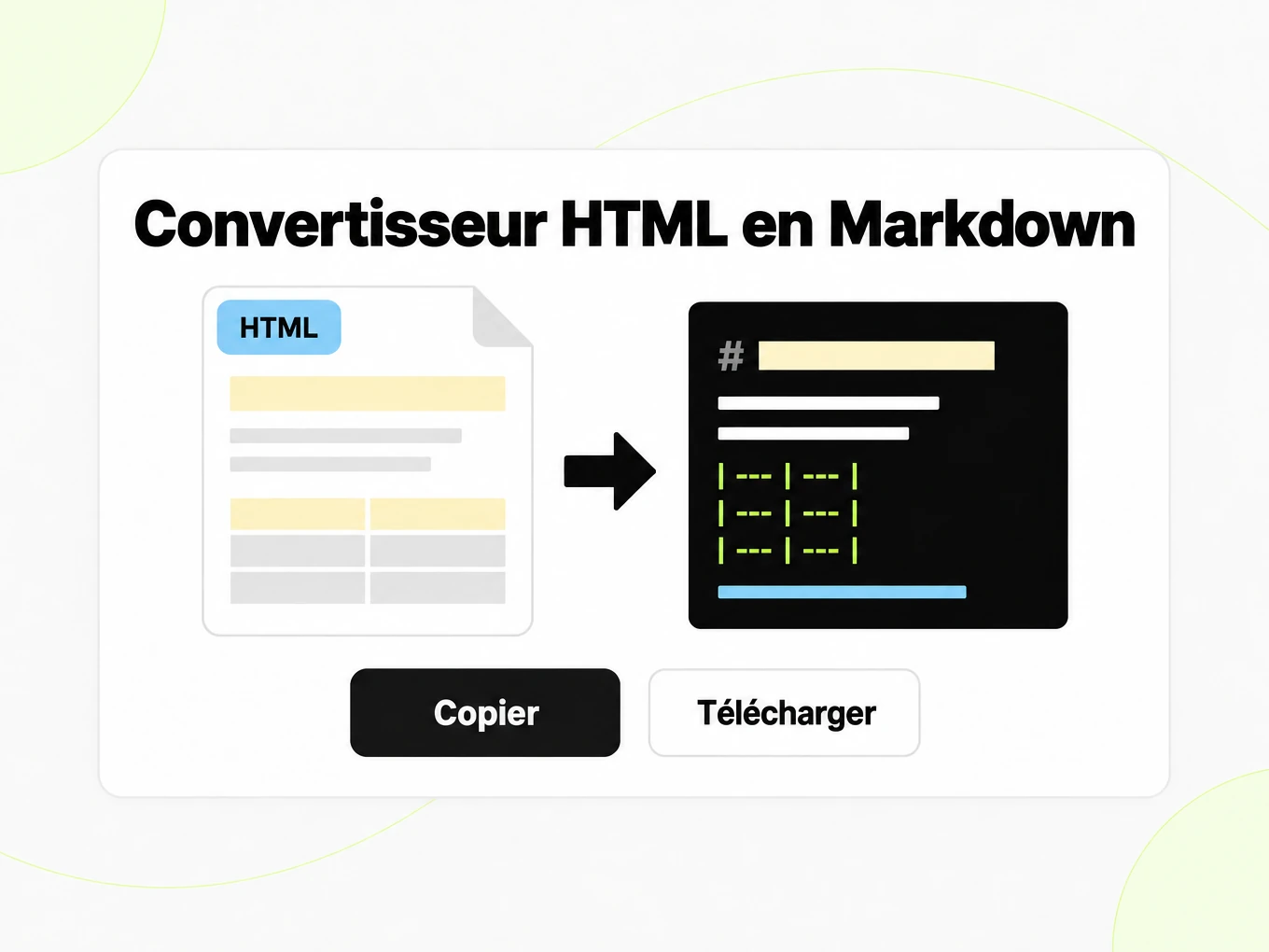 Convertisseur HTML en Markdown : mise en page HTML à gauche devenant une fenêtre Markdown à droite