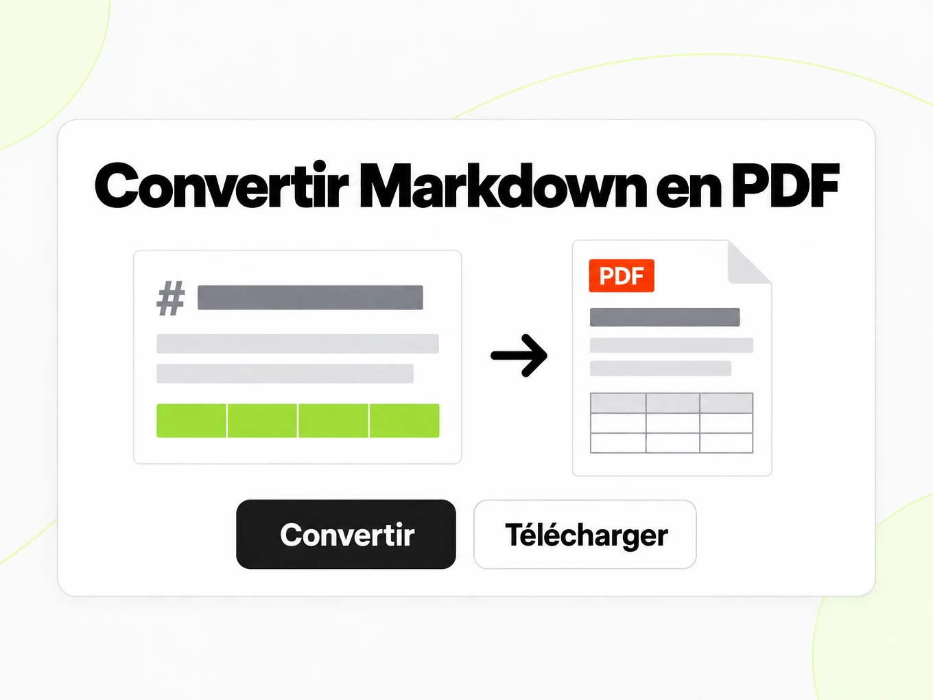 Convertir Markdown en PDF : éditeur Markdown à gauche devenant une page PDF imprimée à droite