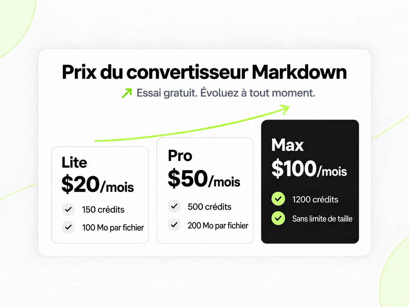 Prix du convertisseur Markdown : Lite, Pro et Max à $20, $50 et $100 par mois, plus de crédits à chaque palier