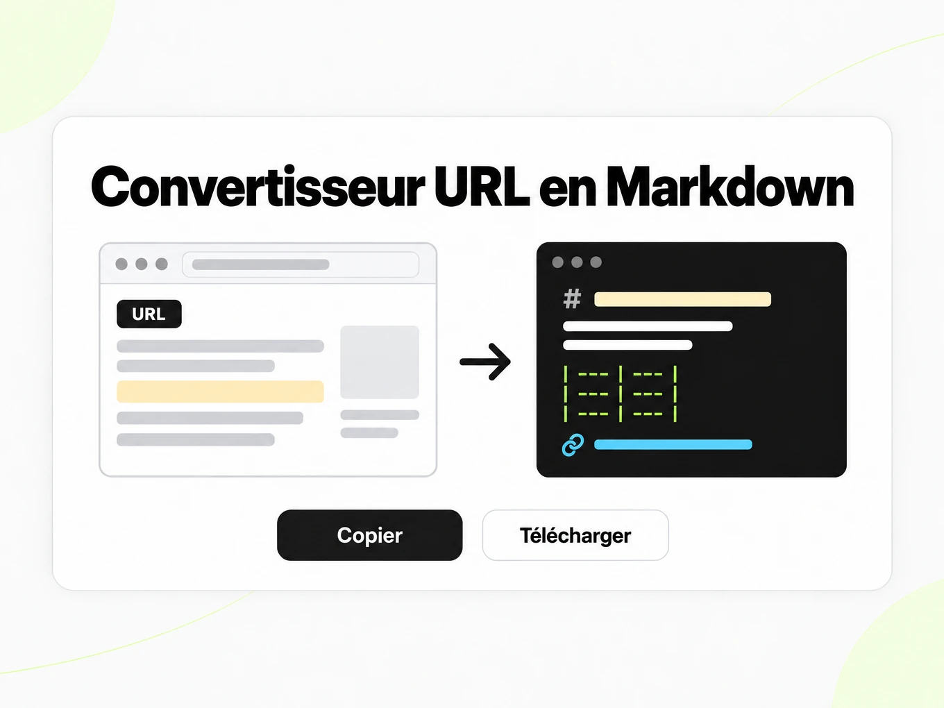 Convertisseur URL en Markdown : fenêtre de navigateur avec barre d'adresse devenant une fenêtre Markdown