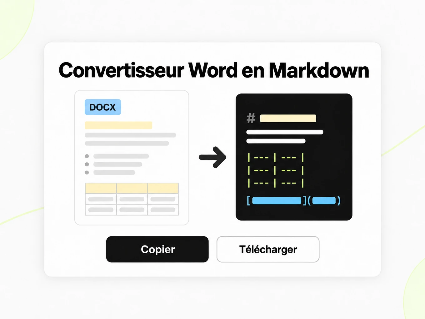 Convertisseur Word en Markdown : page DOCX à gauche devenant une fenêtre Markdown à droite