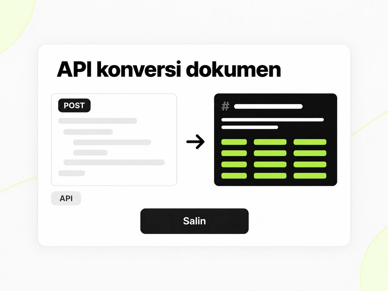 API konversi dokumen: jendela permintaan dengan label POST di kiri, respons Markdown di kanan
