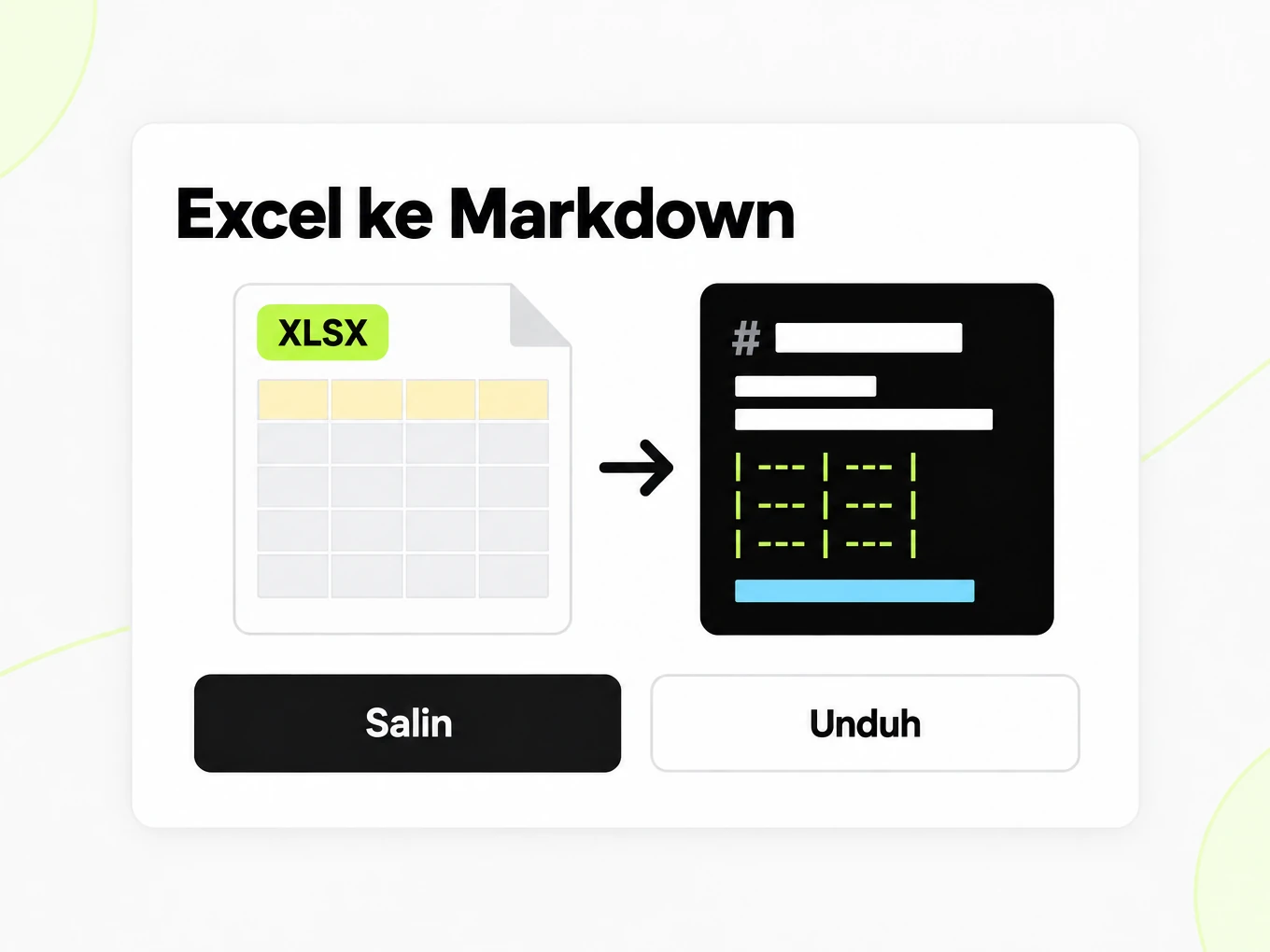 Excel ke Markdown: lembar XLSX di kiri berubah menjadi jendela tabel Markdown di kanan
