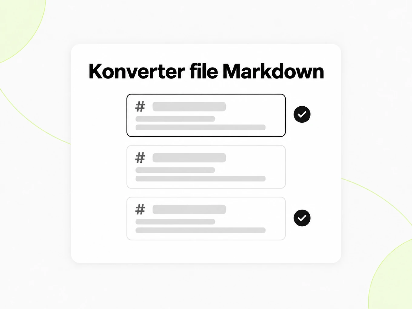 Konverter file Markdown: tiga kartu berkas Markdown bertumpuk dengan tanda centang kualitas