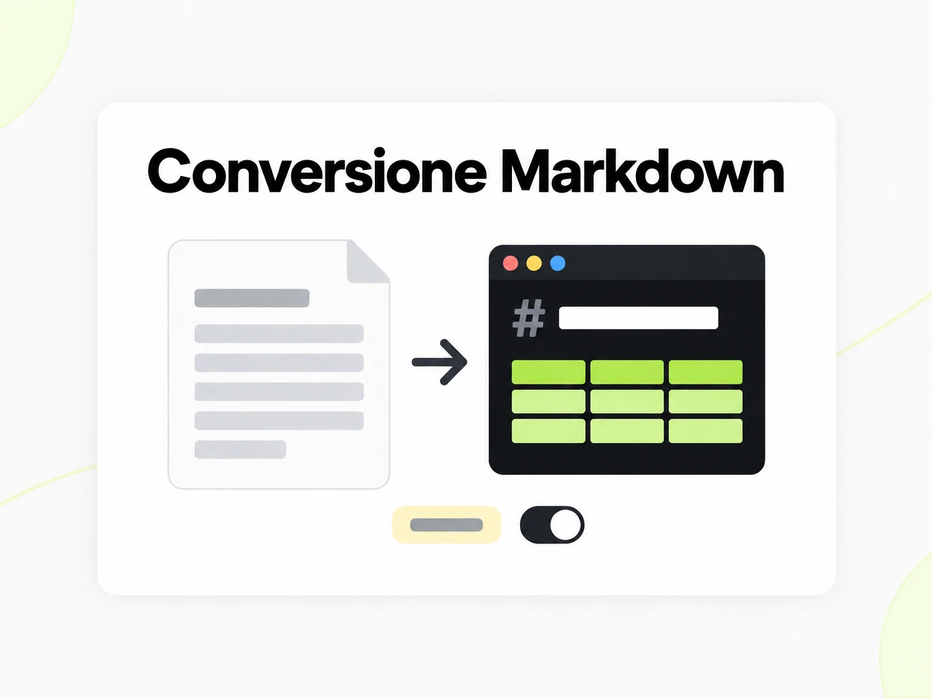 Conversione Markdown: un documento diventa una finestra Markdown, con una tessera tag e un interruttore accanto