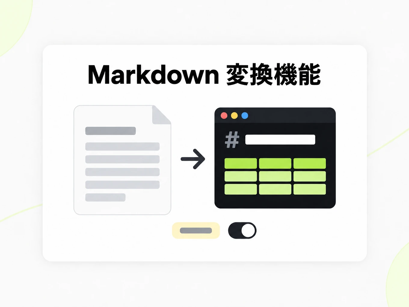 Markdown 変換機能：文書が Markdown になる様子と、タグと切替スイッチ