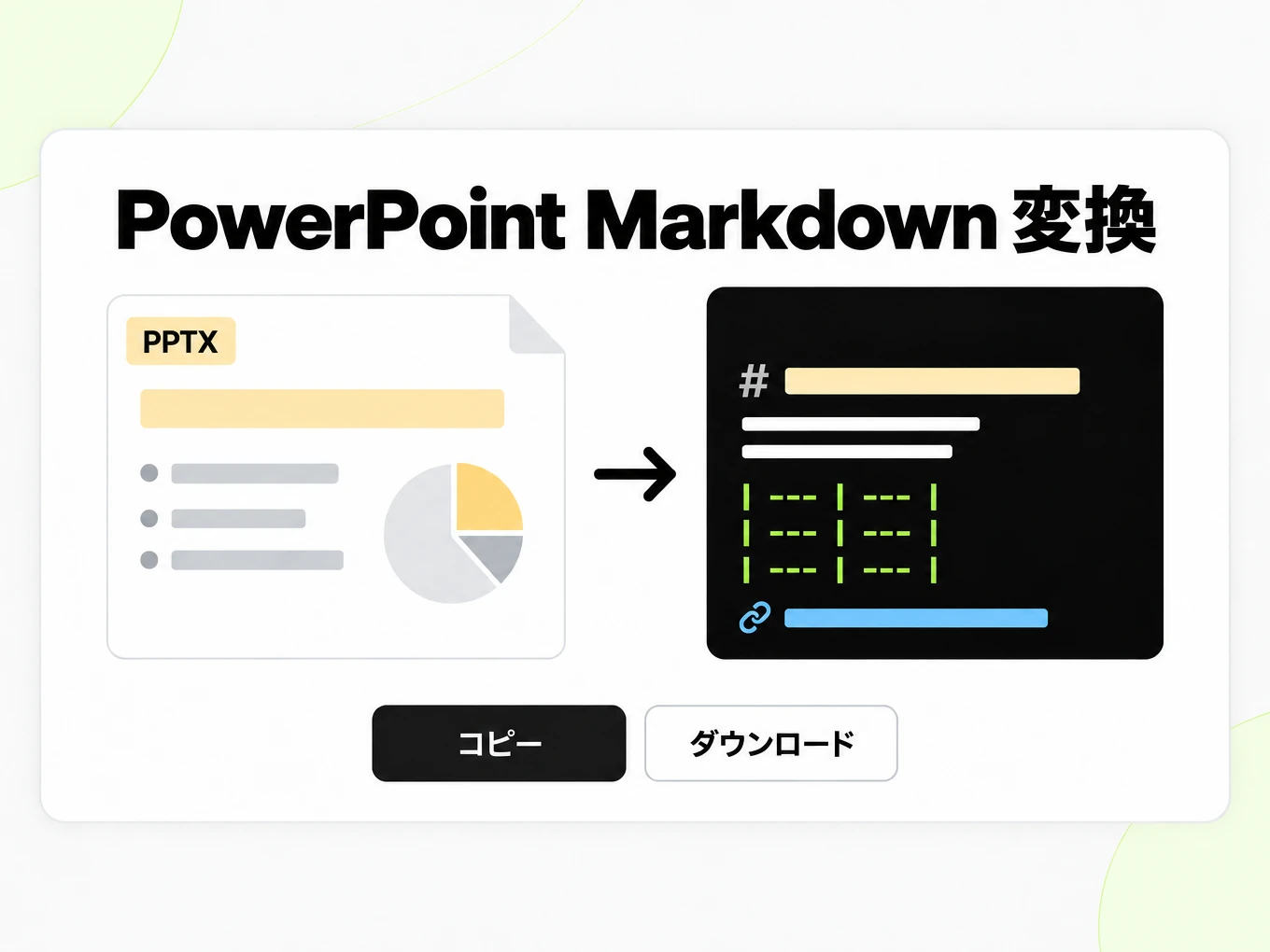 PowerPoint Markdown 変換：左の PPTX スライドが右の Markdown ウィンドウに変わる