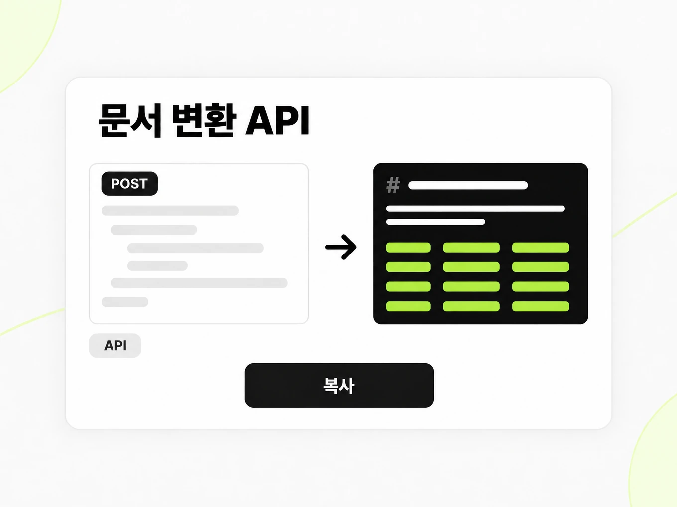 문서 변환 API: 왼쪽 POST 요청이 오른쪽 Markdown 응답으로 바뀌는 장면