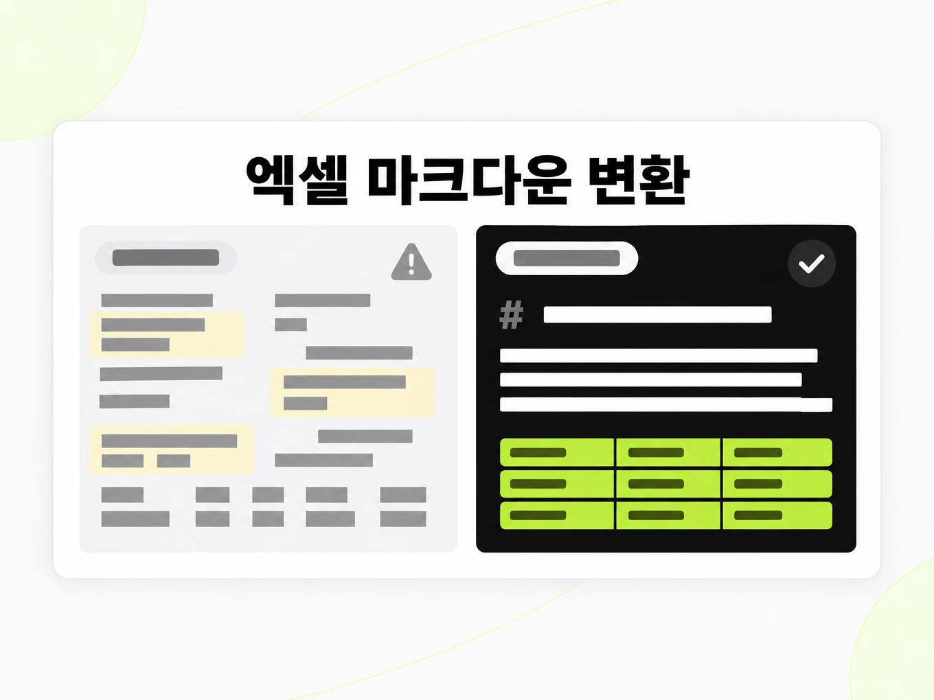 엑셀 마크다운 변환: 뭉개진 붙여넣기 표와 깔끔한 Markdown 표 비교