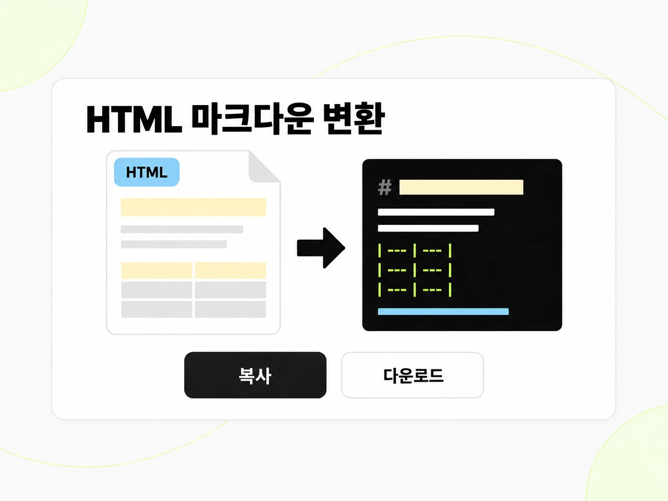 HTML 마크다운 변환: 왼쪽 HTML 페이지 레이아웃이 오른쪽 Markdown 창으로 바뀌는 장면
