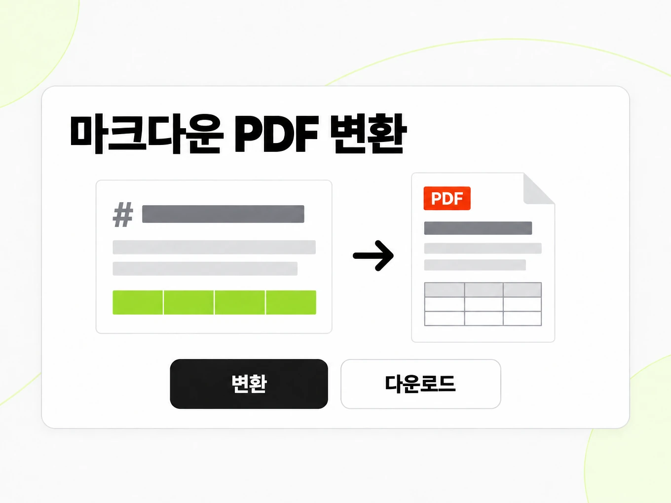 마크다운 PDF 변환: 왼쪽 Markdown 편집기가 오른쪽 인쇄된 PDF 페이지로 바뀌는 장면