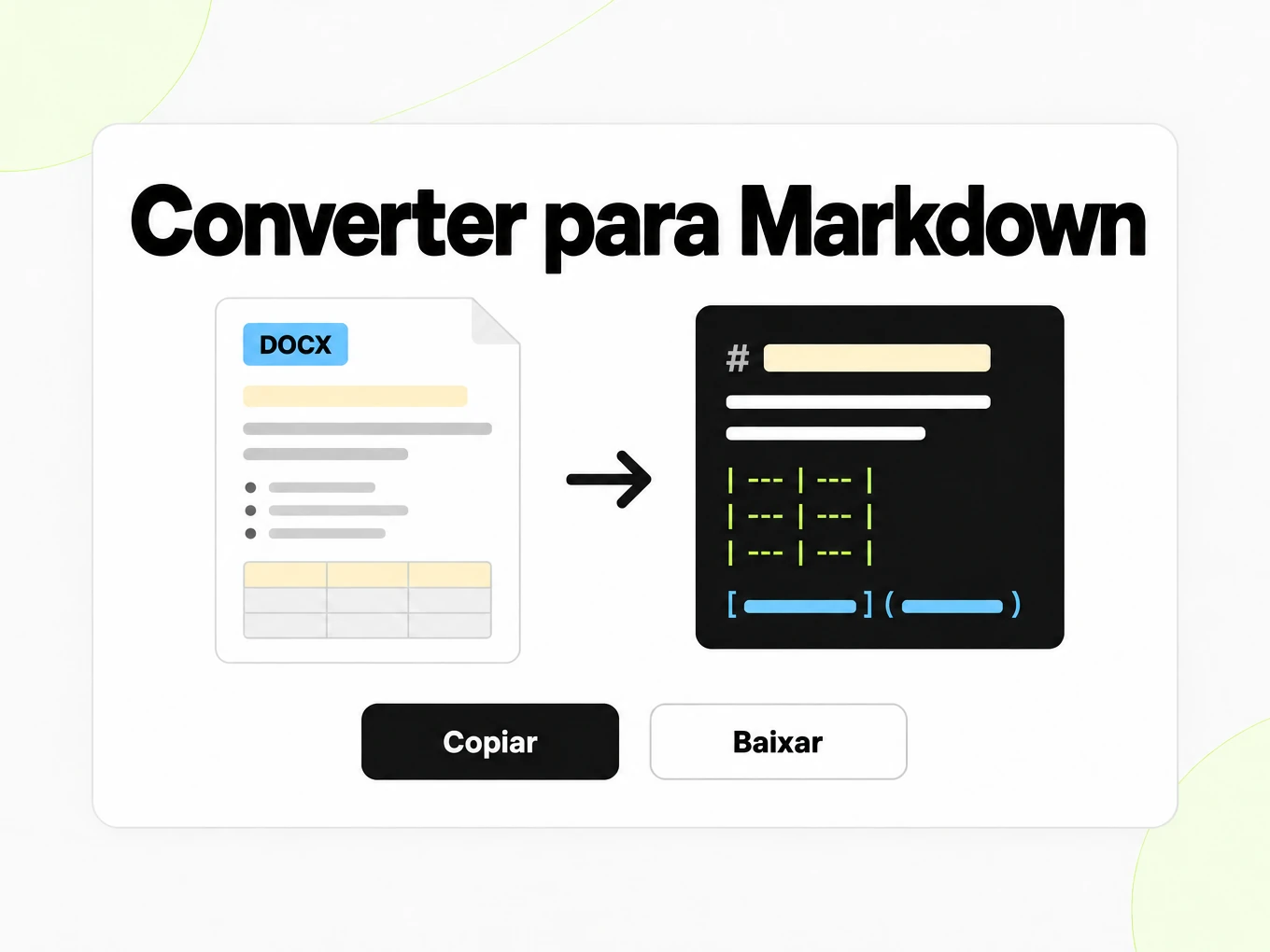 Converter para Markdown: documento DOCX à esquerda vira uma janela Markdown à direita