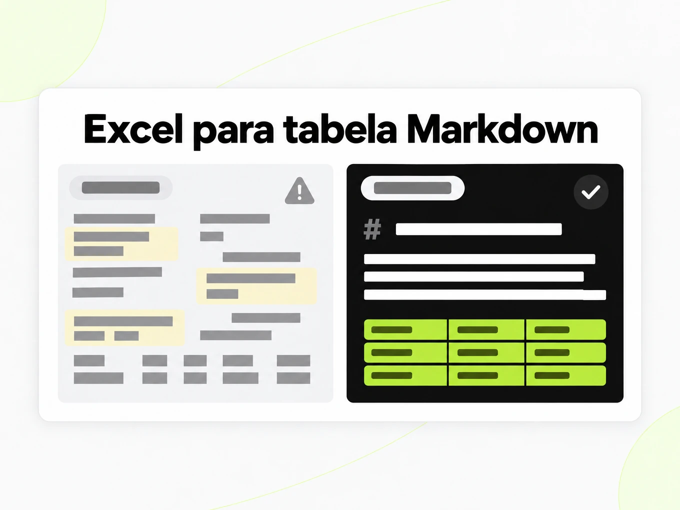 Excel para tabela Markdown: tabela colada desmontada ao lado de linhas Markdown limpas