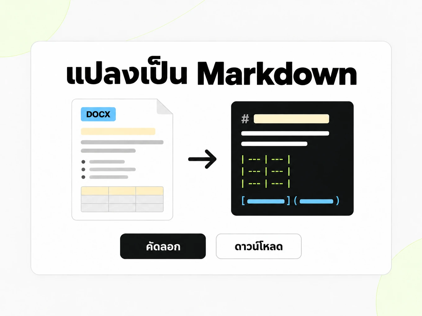 แปลงเป็น Markdown: เอกสาร DOCX ทางซ้ายกลายเป็นหน้าต่าง Markdown ทางขวา