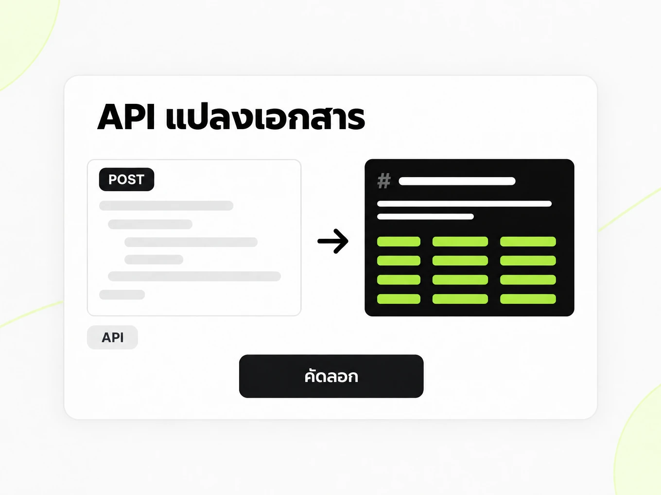 API แปลงเอกสาร: คำขอ POST ทางซ้ายได้ผลลัพธ์เป็น Markdown ทางขวา