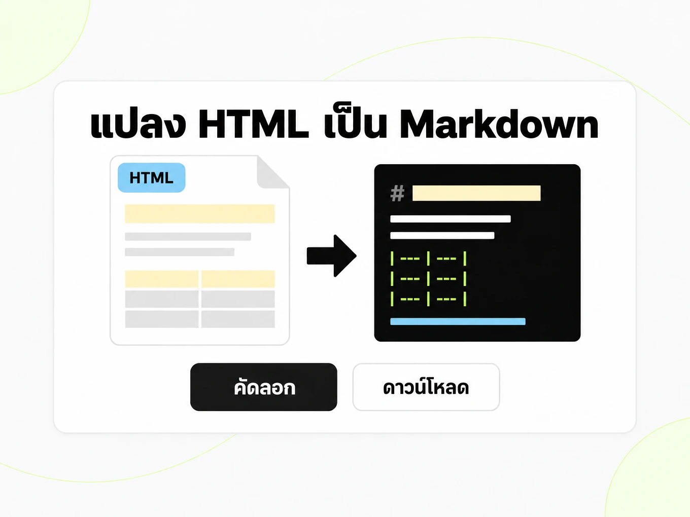 แปลง HTML เป็น Markdown: หน้า HTML ทางซ้ายกลายเป็นหน้าต่าง Markdown ทางขวา