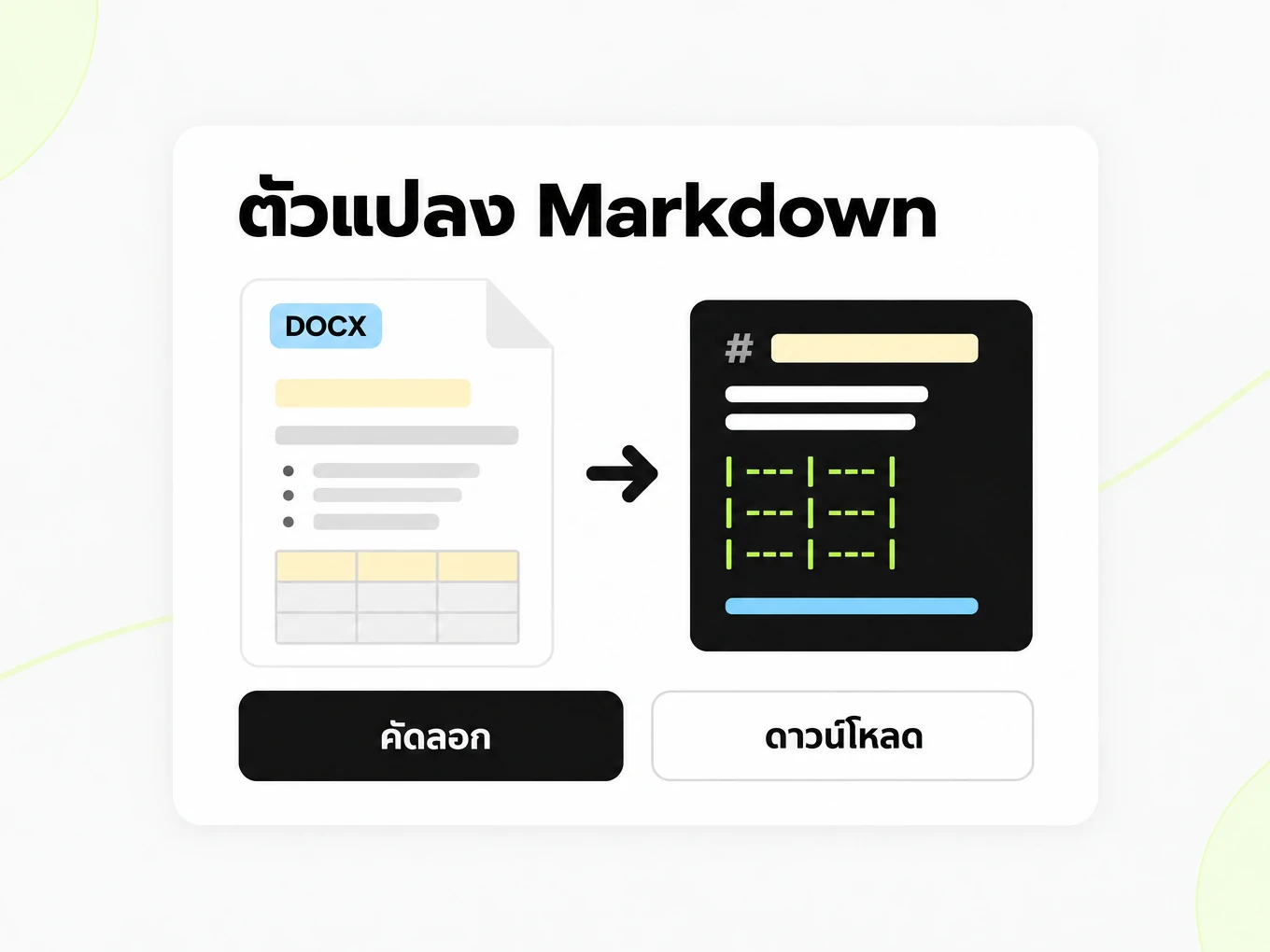 ตัวแปลง Markdown: เอกสาร DOCX กลายเป็นหน้าต่าง Markdown ที่มีหัวข้อและตาราง