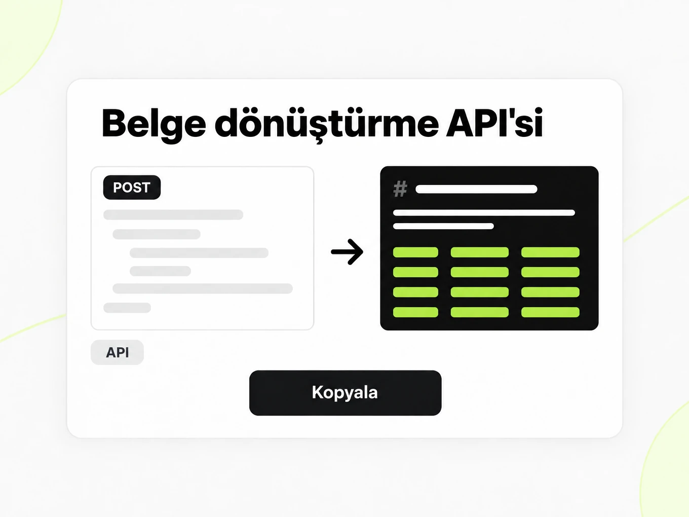 Belge dönüştürme API'si: solda POST isteği, sağda Markdown yanıtı