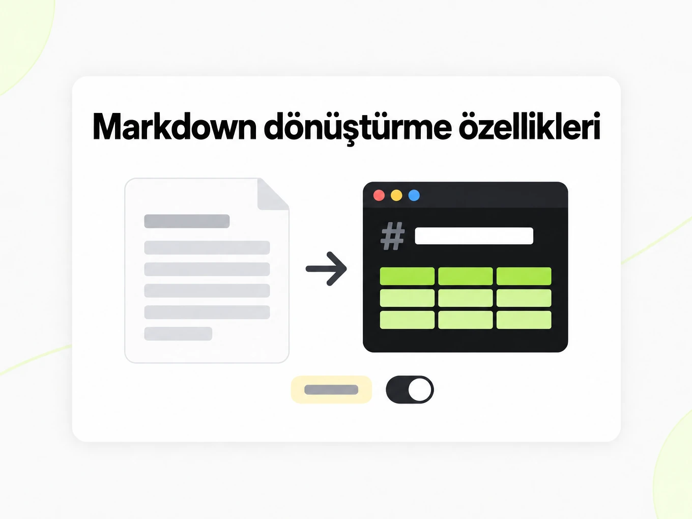 Markdown dönüştürme özellikleri: belge Markdown penceresine dönüşür, yanında etiket ve anahtar