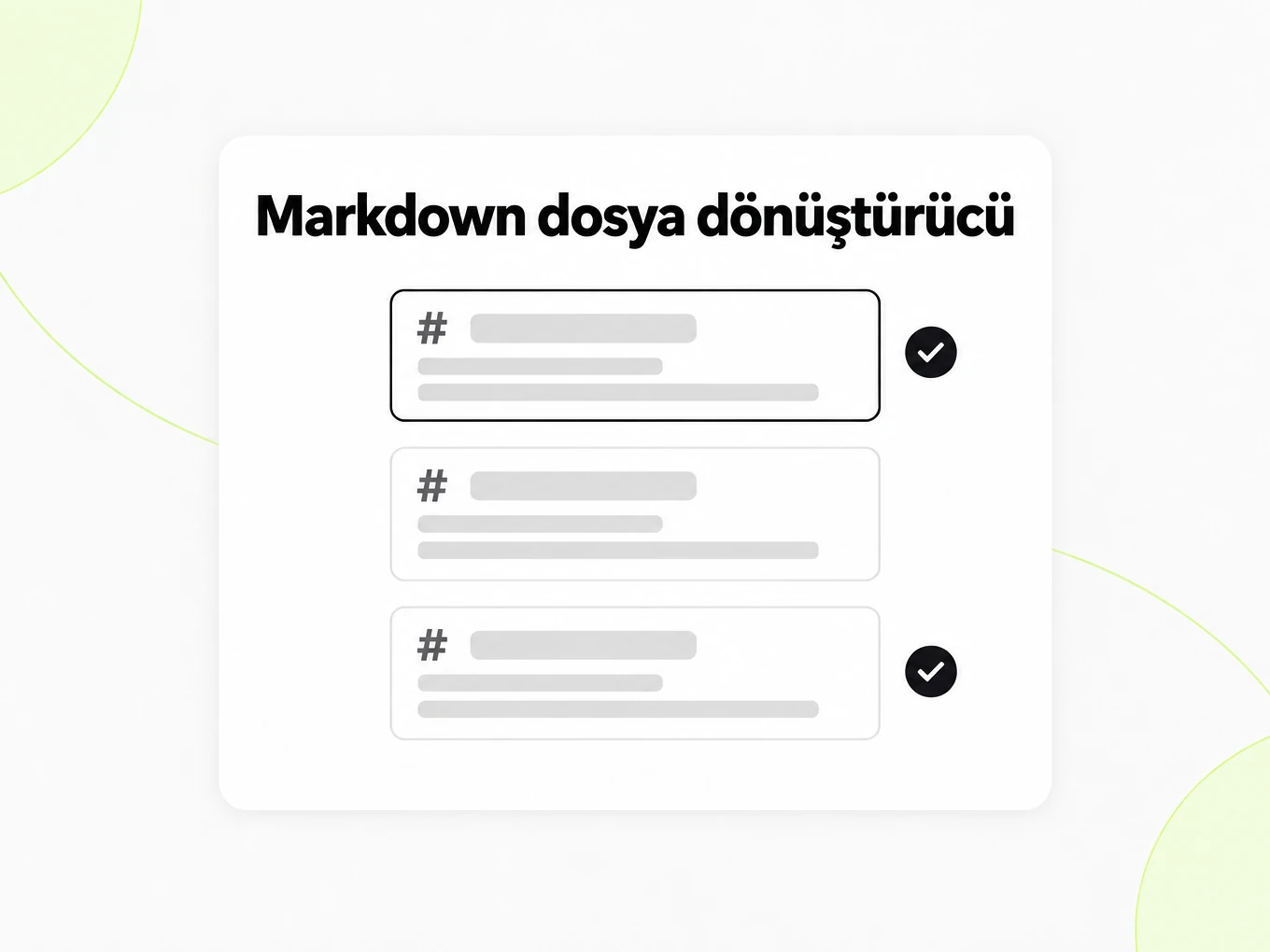 Markdown dosya dönüştürücü: kalite onay işaretli, üst üste Markdown dosya kartları