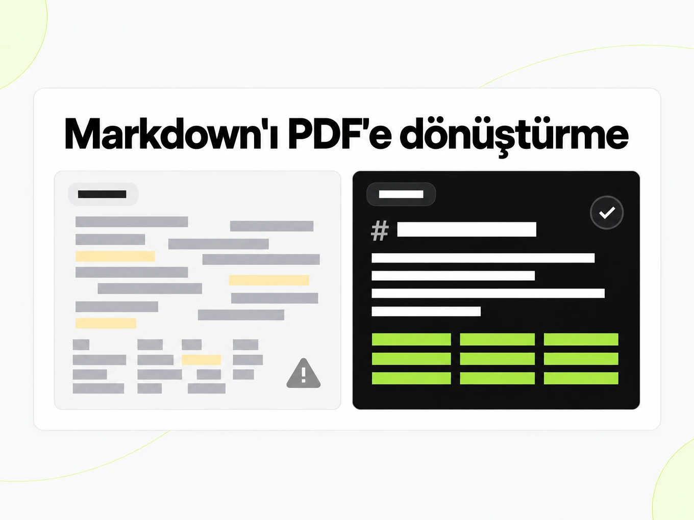 Markdown'ı PDF'e dönüştürme: bozuk yapıştırılmış metin ile temiz Markdown yapısı yan yana