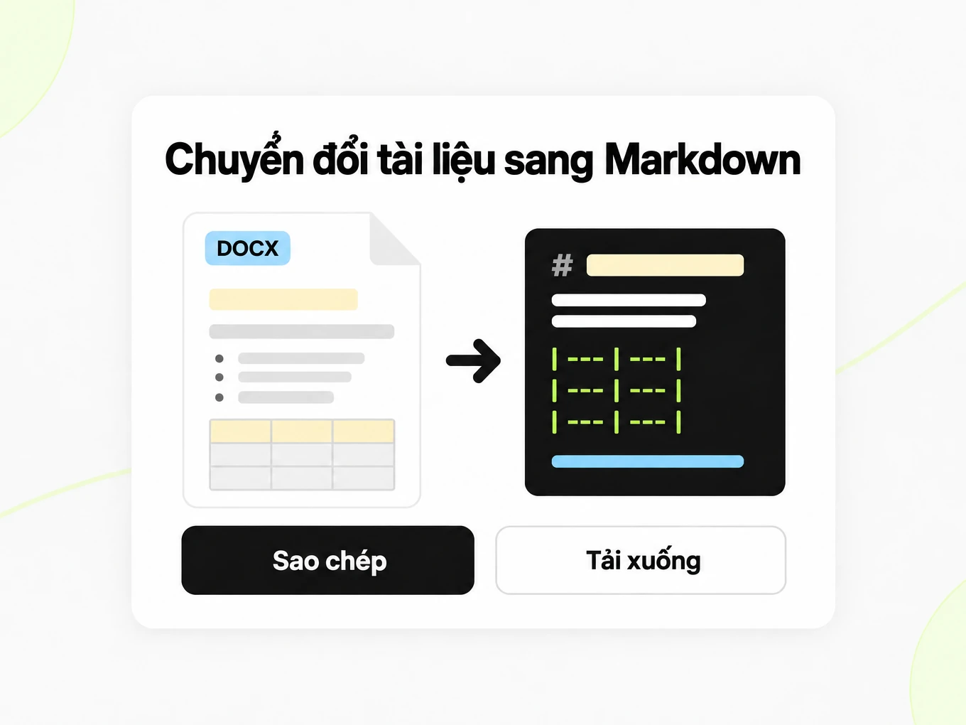 Chuyển đổi tài liệu sang Markdown: trang DOCX bên trái chuyển thành cửa sổ Markdown có tiêu đề và bảng bên phải