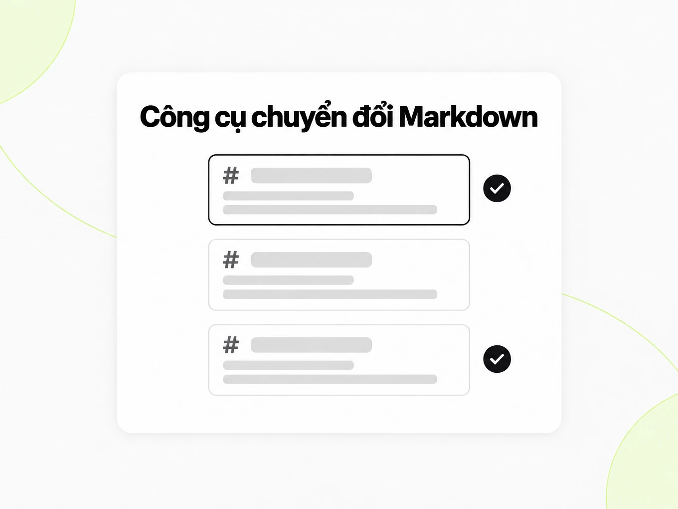 Công cụ chuyển đổi Markdown: ba thẻ tệp Markdown xếp chồng kèm dấu tích chất lượng