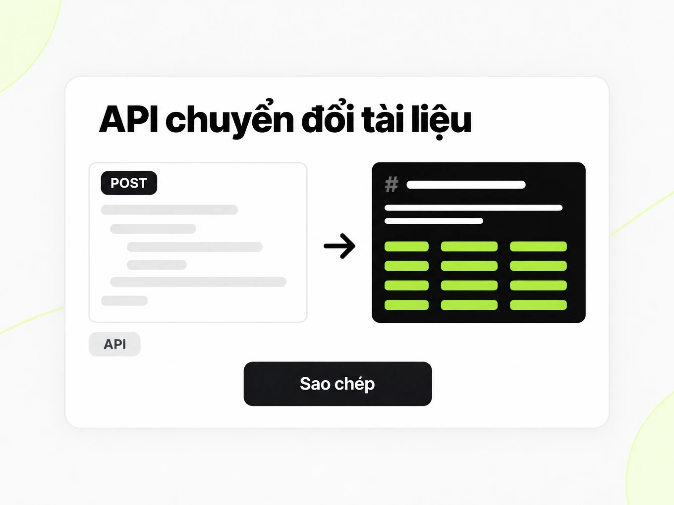 API chuyển đổi tài liệu: cửa sổ yêu cầu có nhãn POST bên trái, phản hồi Markdown bên phải