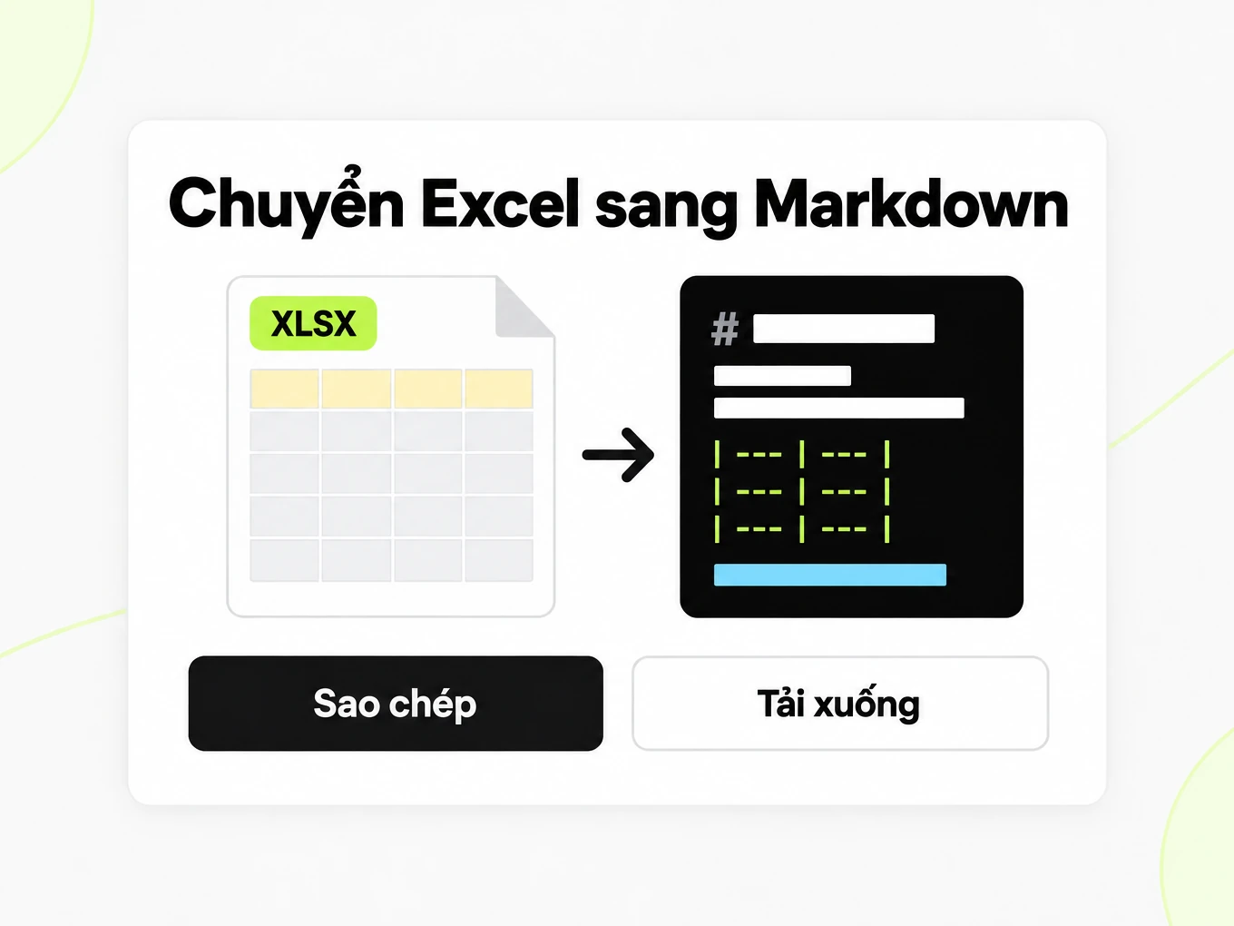 Chuyển Excel sang Markdown: bảng tính XLSX bên trái chuyển thành cửa sổ bảng Markdown bên phải