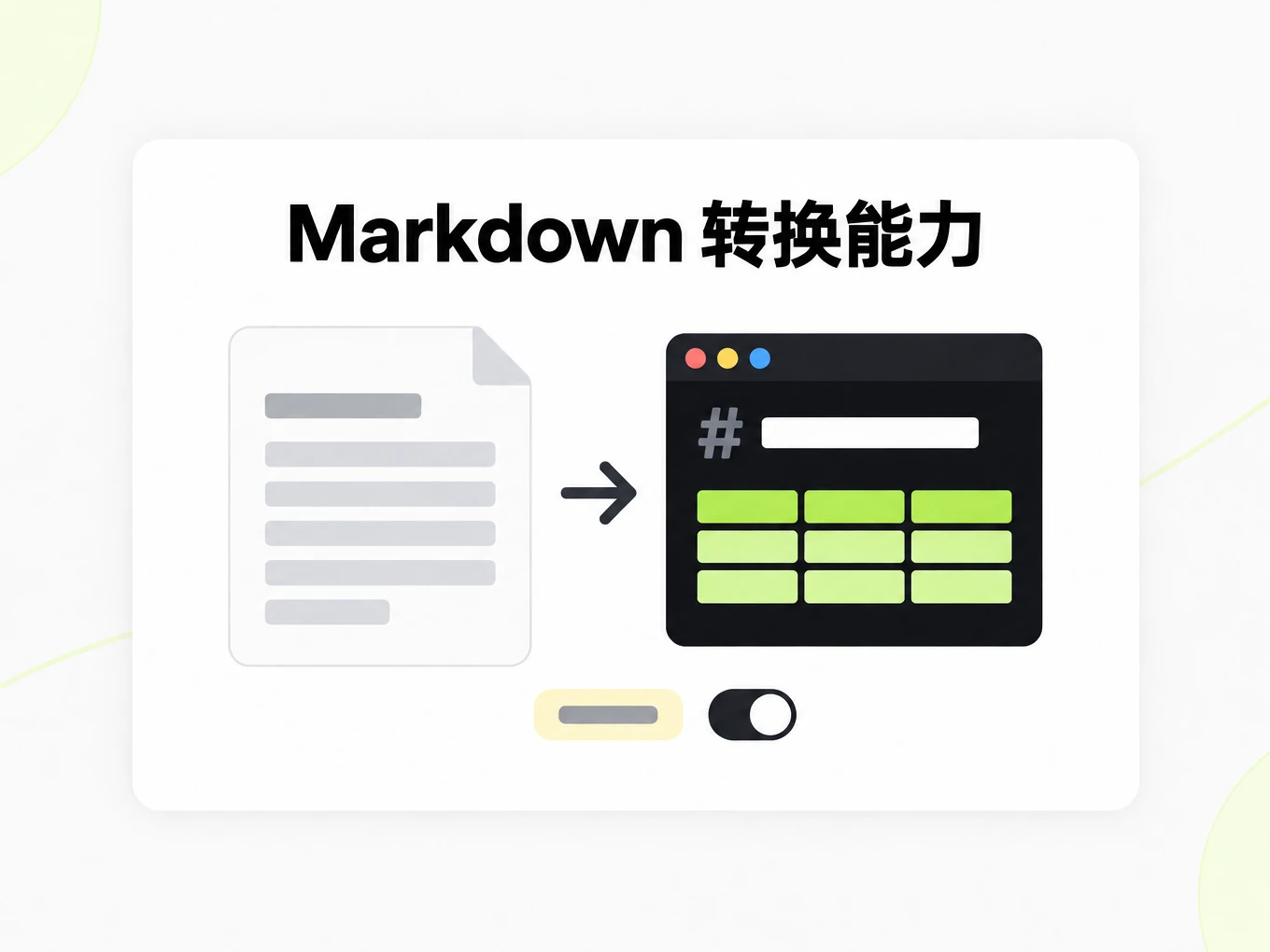 Markdown 转换能力：文档转成 Markdown，并带有标签和开关示意