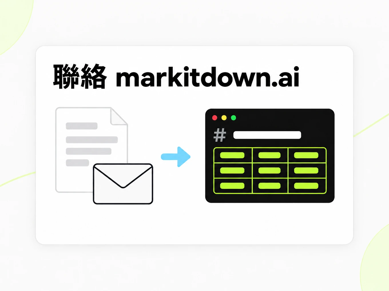 聯絡 markitdown.ai：文件與信封轉成 Markdown 的示意